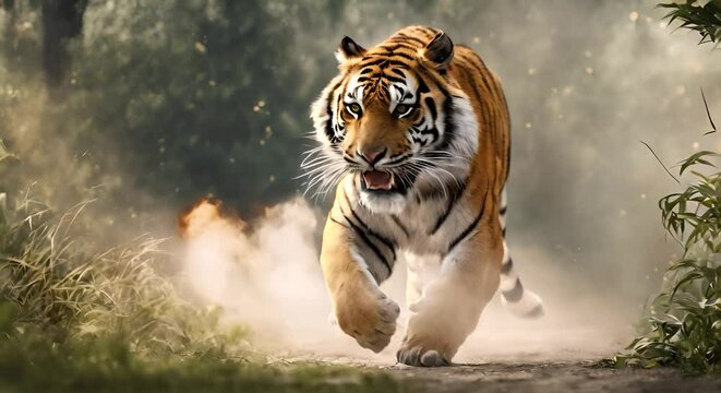 tigre ruggente  in mezzo a polvere e terra , fumo che esce dalla terra, 