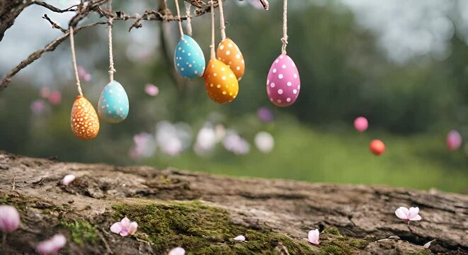 uova di pasqua  colorate a pois bianchi che pendono da cordine attaccate a rami di albero su sfondo di prato e fiori sfocati, concetto di auguri di pasqua con atmosfera rilassante e calma