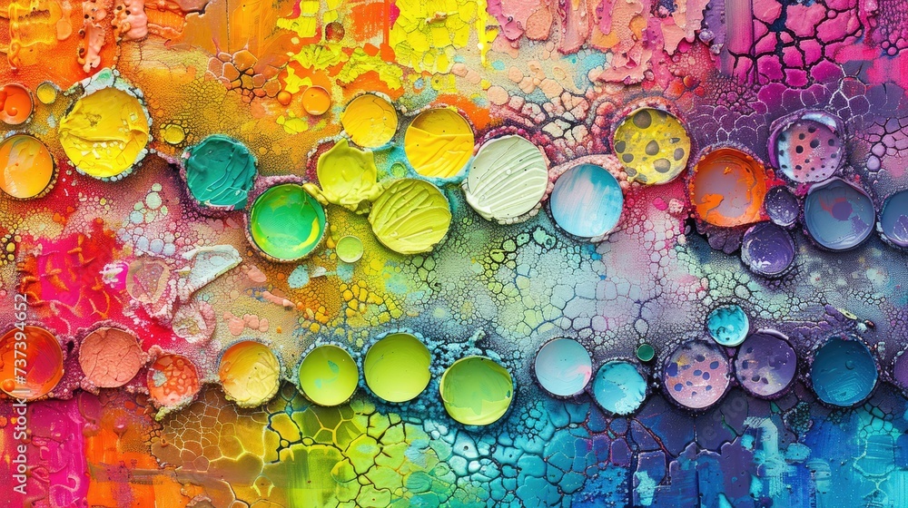 Aufkleber art wallpaper on canvas. vibrant mixed media composition with overlapping circular shapes and textur