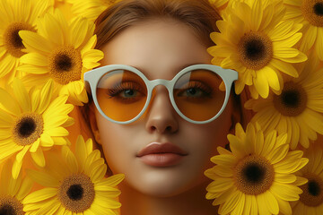 Beautiful young woman in sunglasses and sunflowers.