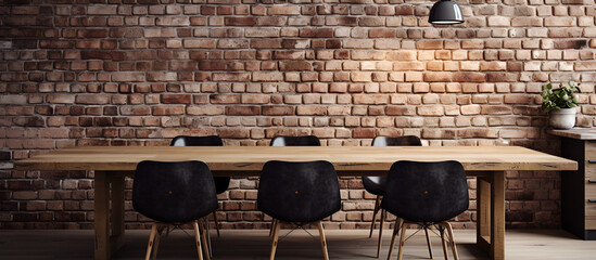 A conference room with a brick wall and black chairs.AI Generative