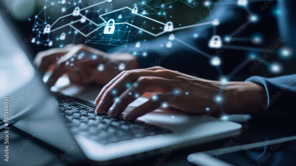 Poster a pair of hands is typing on a laptop keyboard overlayed with graphics of digital locks, symbolizing