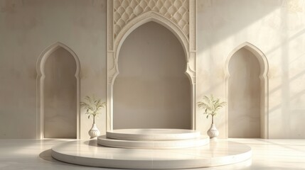 A minimalist, empty podium set against a clean backdrop adorned with Ramadan ornaments