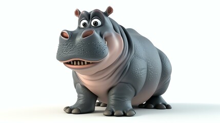 A charming 3D rendering of a lovable hippo with an irresistible smile, showcased on a clean white background. Perfect for adding a touch of playfulness to your designs and projects.
