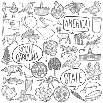 South Carolina Doodle Icons Black and White Line Art. USA State Clipart Hand Drawn Symbol Design.