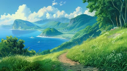 Fototapeta na wymiar Calm summer scene in anime style, featuring gentle ocean waves, lush green meadows, and majestic cliffs.