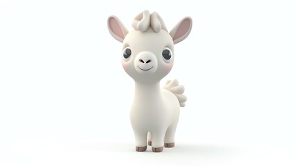 A charming 3D illustration of an adorable llama, designed with a playful and joyful expression, standing on a pristine white background. The llama's soft fur and expressive eyes make it perf