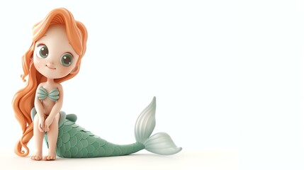 A delightful 3D illustration of a cute mermaid, sitting gracefully on a pristine white background. Her vibrant tail and flowing hair add a touch of magic to any project. Perfect for all thin