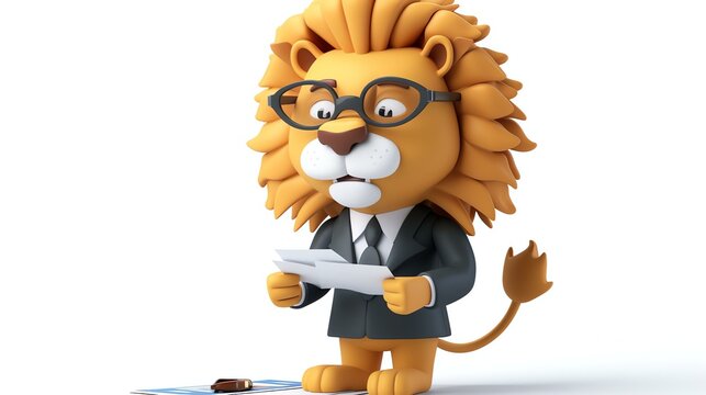 A charismatic 3D lion, dressed as a director, exudes confidence and authority while standing against a clean white backdrop. This adorable feline is ready to take charge and lead the way!