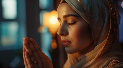 a Muslim women in hijab engaged in prayer to Allah, suitable for backgrounds or banners with a Ramadan theme
