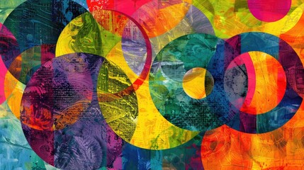 Art wallpaper on canvas. Vibrant mixed media composition with overlapping circular shapes and textures in a rainbow of colors