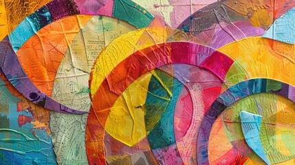Fototapeta premium Art wallpaper on canvas. Vibrant mixed media composition with overlapping circular shapes and textures in a rainbow of colors
