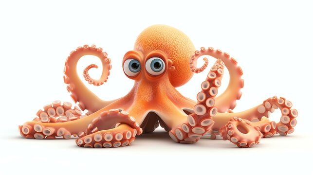 A delightful 3D rendering of a cute octopus with vibrant colors, set against a clean white background. Perfect for adding a whimsical touch to any creative project.