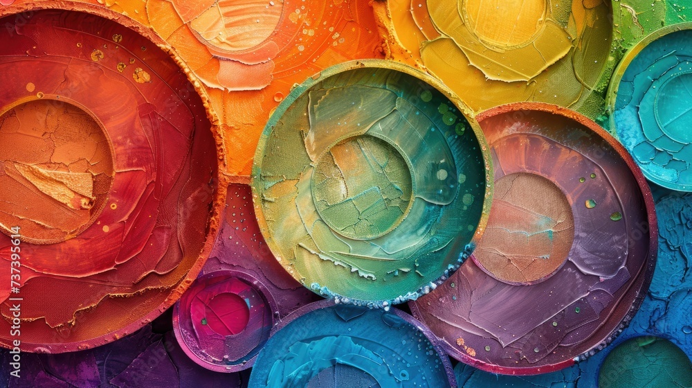 Aufkleber art wallpaper on canvas. vibrant mixed media composition with overlapping circular shapes and textur