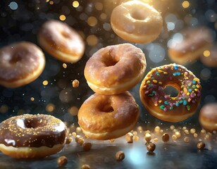 Donuts falling advertising shooting; a series of photos from above in flight with copy space, concept for fast food restaurant ads