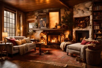 : A cozy fireplace nook with crackling flames casting a warm glow across a living room, where friends gather for intimate conversations and laughter. -- 3:2 --v4 - obrazy, fototapety, plakaty
