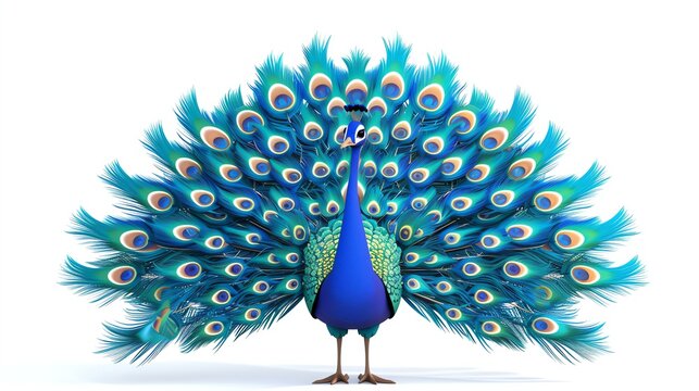 A vibrant and adorable 3D peacock gracefully spreads its feathers against a pristine white background, creating a captivating and whimsical image. Perfect for adding a touch of artistry and