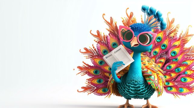A captivating 3D illustration showcasing a charming peacock diligently working as a fashion designer, surrounded by vibrant sketches and fabric swatches. Perfect for fashion blogs, creative