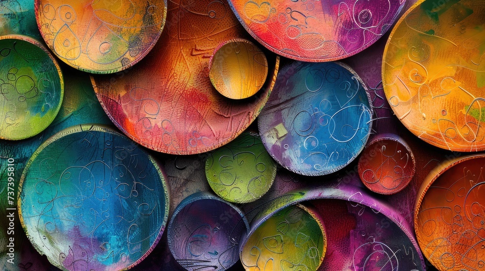 Poster art wallpaper on canvas. vibrant mixed media composition with overlapping circular shapes and textur