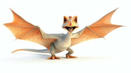 A charming 3D pterodactyl illustration in a cute and adorable style, captured against a pristine...