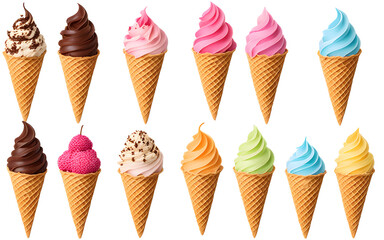 Ice cream scoop waffle cone on transparent background. Many assorted different flavours cones - obrazy, fototapety, plakaty