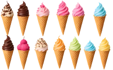 Foto auf Alu-Dibond Ice cream scoop waffle cone on transparent background. Many assorted different flavours cones © Vector Market