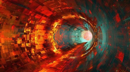 Abstract cyber tunnel with bright shapes background. AI generated.