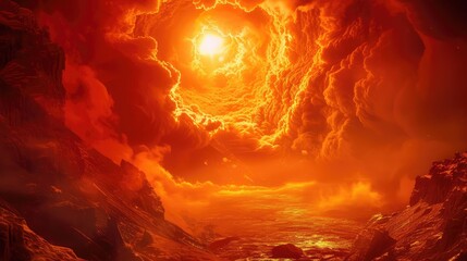 Stunning red cloudscape with bright sunlight. AI generated.