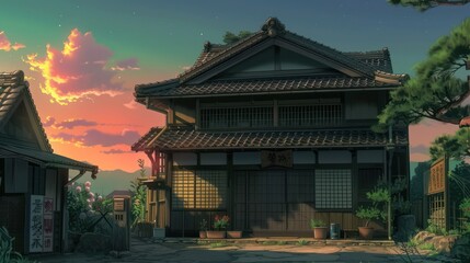 Fototapeta premium In this modern anime, a traditional Japanese house is portrayed from the front against the backdrop of a sunset.