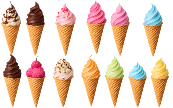 Ice cream scoop waffle cone on transparent background. Many assorted different flavours cones