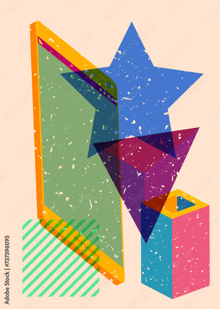 Poster risograph smart phone with geometric shapes. objects in trendy riso graph print texture style design