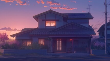 Obraz premium A modern anime featuring a traditional or classic Japanese house seen from the front at sunset