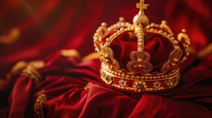 Fototapeta premium Golden crown with gemstones on red silk. AI generated.
