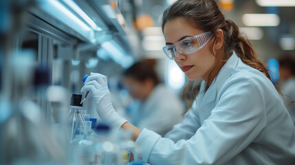 A female scientist is conducting research in a lab using a pipette