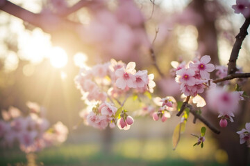 Beautiful blooming sakura tree branches. Spring nature. Pink cherry flowers. Bright sunny weather. Generative AI