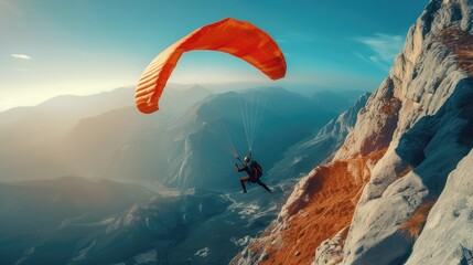 Photo of a man with a parachute on a mountain landscape background. AI generated.