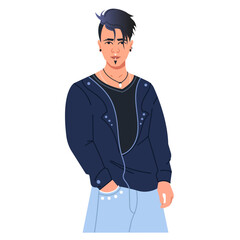 A young man of informal appearance stands in a relaxed position with his hand in his pocket. A male character with dyed hair, fashionable hairstyle and piercings. Posing. Vector. Flat style