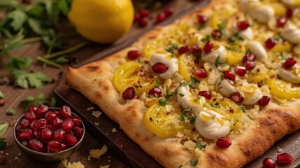 a pizza sitting on top of a wooden cutting board next to a bowl of pomegranates and a lemon.