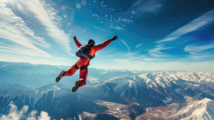 Skydiver diving on stunning mountains background. AI generated.