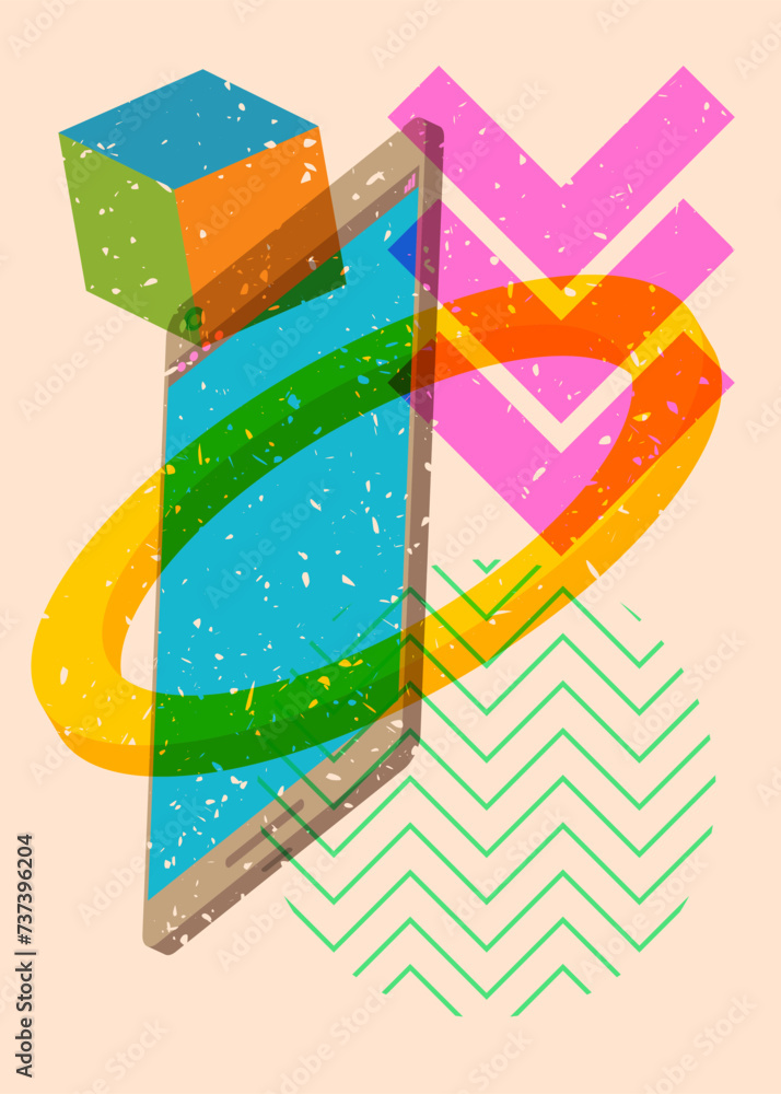 Poster Risograph Smart Phone with geometric shapes. Objects in trendy riso graph print texture style design with geometry elements.