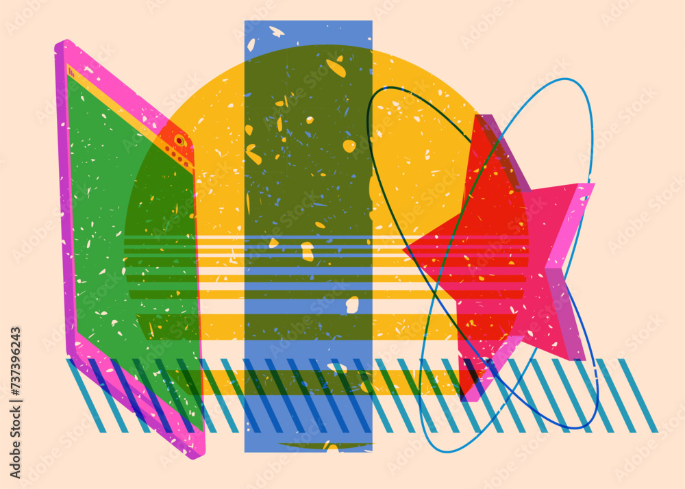 Poster risograph smart phone with geometric shapes. objects in trendy riso graph print texture style design
