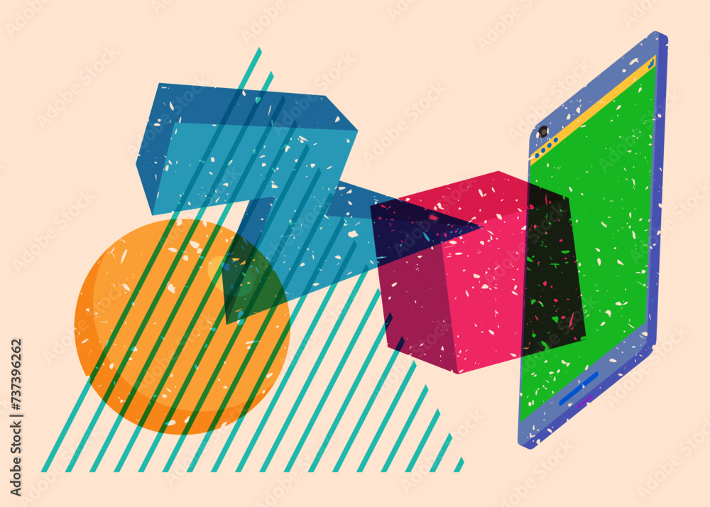 Poster risograph smart phone with geometric shapes. objects in trendy riso graph print texture style design