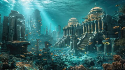 Ancient city ruins on the sea bottom. AI generated.