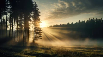 Schilderijen op glas Photo of foggy forest with bright sunbeams. AI generated. © Viktor