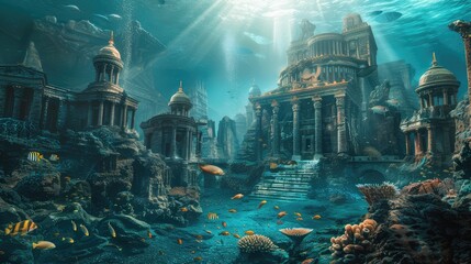 Photo of underwater Atlantis city ruins. AI generated.