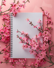 quaderno a spirale di cartone con materiale riciclato, mockup di agenda contornata da fiori rosa e fucsia  vista dall'alto su sfondo rosa chiaro