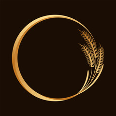 Spikelets of wheat, rye, barley, round frame. Gold badge, elegant design, vector