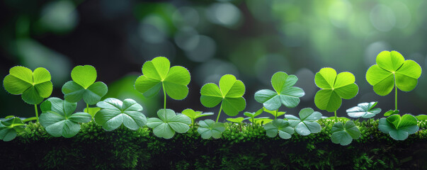 Shamrocks three and four-leaf and ferns growing on tree moss in spring forest in the style of blurred dreamlike atmosphere in St. Patrick day event
