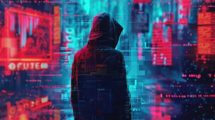 An anonymous hooded hacker with glitch effects. AI generated.