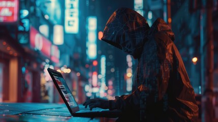 Unrecognizable hooded hacker using a laptop. AI generated.